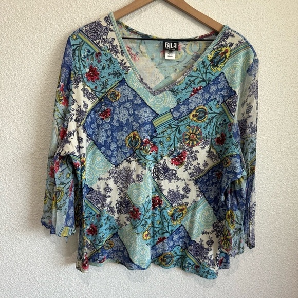 15. Bila Women's 3X Mixed Media Beaded Blouse Floral Blue Paisley Colorful Boho - Picture 1 of 10